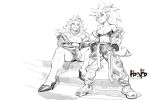  2girls bare_shoulders bikini bikini_top breasts c.x.c cross dorohedoro hands_in_pockets high_heels highres large_breasts long_hair monochrome multiple_girls muscle nikaidou_(dorohedoro) noi_(dorohedoro) shoes shorts sitting sketch smile sneakers swimsuit 