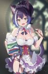  1girl :d animal_ears apron black_legwear black_panties blurry blurry_background breasts brooch cat_ears cat_tail cleavage corset cowboy_shot depth_of_field duster fang fiodo garter_straps glint green_eyes highres jewelry karyl_(princess_connect!) laundry looking_at_viewer maid_headdress medium_breasts multicolored_hair open_mouth panties ponytail princess_connect! princess_connect!_re:dive purple_hair skin_fang smile solo standing streaked_hair tail thighhighs underwear waist_apron 