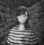  1girl bright_pupils convenience_store greyscale highres indoors looking_at_viewer mask monochrome mouth_mask original shirt shop short_hair solo striped striped_shirt surgical_mask sweat upper_body wataboku white_pupils 