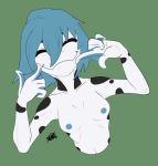  amazon_milk_frog amphibian anthro aria_whittemore blue_hair blue_nipples breasts eyes_closed female finger_on_cheeks frog hair happy membrane_(anatomy) navel nipples novacantnames nude pale_skin short_hair small_breasts smile solo spots tree_frog webbed_hands white_body 