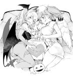  2girls anchor_hair_ornament animal_print ass atlanta_(kantai_collection) bangs bat bat_print blush breasts closed_mouth dress elbow_gloves eyebrows_visible_through_hair gloves greyscale hair_ornament halloween halloween_costume hat head_wings jack-o&#039;-lantern kantai_collection kashima_(kantai_collection) kitamura_hato large_breasts leotard long_hair monochrome multiple_girls nurse_cap open_mouth panties pantyhose see-through sweat twintails underwear wavy_hair wings yes-no_pillow 
