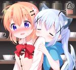  2girls alternate_costume alternate_hairstyle animal_ears biting blue_hair blurry blush closed_eyes coffee_mug cup depth_of_field eins_9 flower gochuumon_wa_usagi_desu_ka? hair_flower hair_ornament hand_on_another&#039;s_arm hand_on_another&#039;s_shoulder heart highres hoto_cocoa jar kafuu_chino mug multiple_girls open_mouth orange_hair ponytail purple_eyes rabbit_house_uniform sweatdrop tail wavy_mouth wolf_ears wolf_tail x_hair_ornament 