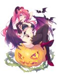  1girl armlet bare_shoulders bikini blush breasts cleavage commentary_request crossed_legs crown demon_girl demon_horns demon_tail demon_wings familiar full_body gloves halloween high_heels highres hinoki_yuu horns jack-o&#039;-lantern large_breasts long_hair looking_at_viewer mini_crown navel original pink_eyes pink_hair revision skindentation smile solo stomach succubus swimsuit tail thighhighs thighs torn_wings twintails very_long_hair wings 