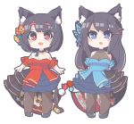  2girls :d animal_ear_fluff animal_ears arms_behind_back azur_lane black_hair black_legwear blue_dress blue_eyes blush butterfly_hair_ornament cat_ears chibi commentary_request dress eyebrows_visible_through_hair fang floral_print flower full_body fusou_(azur_lane) hair_flower hair_ornament highres long_hair looking_at_viewer multiple_girls open_mouth oquri pantyhose red_dress red_eyes short_hair simple_background skin_fang smile standing white_background yamashiro_(azur_lane) yamashiro_(stylish_black_cat)_(azur_lane) 