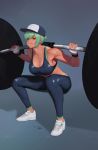  1girl abs absurdres barbell baseball_cap breasts cleavage dark_skin dgk gloves green_hair grin hat highres large_breasts last_origin looking_at_viewer mighty_r muscle navel red_eyes shoes short_hair skin_tight smile sneakers solo spandex sports_bra sweat tan toned weightlifting weights 