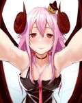  1girl absurdres bare_shoulders blush breasts cleavage closed_mouth demon_girl demon_horns fattybot guilty_crown hair_between_eyes hair_ornament hairclip halloween highres horn_ornament horns long_hair looking_at_viewer pink_hair red_eyes smile solo yuzuriha_inori 