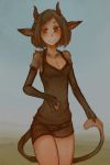  animal_humanoid armwear blush bottomwear bovid bovid_humanoid breasts brown_eyes brown_hair cella_(portals_of_phereon) cleavage clothed clothing elbow_gloves female fingerless_gloves gloves hair handwear horn hotpants humanoid looking_at_viewer mammal mammal_humanoid shirt shorts small_breasts smile solo standing syvaron tank_top topwear 