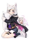  2girls animal_ears belt candy closed_mouth fire_emblem fire_emblem_awakening fire_emblem_heroes food fur_trim gloves grima_(fire_emblem) halloween_costume highres lollipop long_sleeves multiple_girls paw_gloves paws puni_y_y red_eyes robin_(fire_emblem) robin_(fire_emblem)_(female) shorts simple_background sitting tail thigh_strap twintails white_background white_hair wolf_ears wolf_tail 