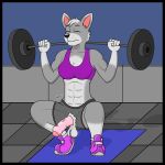  1:1 absurd_res anthro balls big_breasts black_border border breasts canid canine canis domestic_dog flaccid genitals gym hi_res intersex mammal marothedarkrabbit_(artist) muscular muscular_intersex nahiara_(marothedarkrabbit) penis saggy_balls solo weights 