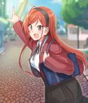  1girl ahoge arisugawa_natsuha bag black_eyes blush brown_hair byougaku hairband idolmaster idolmaster_shiny_colors index_finger_raised long_hair long_sleeves neck_ribbon open_mouth outdoors ribbon school_uniform shoulder_bag skirt smile solo 