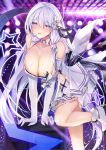  1girl azur_lane bangs bare_shoulders blue_eyes blush breasts cleavage dress eyebrows_visible_through_hair gloves hair_ribbon high_heels hinot idol illustrious_(azur_lane) illustrious_(muse)_(azur_lane) knee_up large_breasts long_hair looking_at_viewer mole mole_under_eye navel open_mouth ribbon smile solo sweat very_long_hair white_dress white_gloves white_hair 