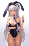  1girl absurdres animal_ears azur_lane bangs bare_shoulders blush bow bowtie breasts bunny_ears cleavage covered_navel detached_collar enterprise_(azur_lane) eyebrows_visible_through_hair fake_animal_ears fishnet_legwear fishnets hat highres large_breasts leotard long_hair looking_at_viewer lordol pantyhose peaked_cap playboy_bunny playboy_bunny_leotard purple_eyes silver_hair solo strapless strapless_leotard very_long_hair wing_collar wrist_cuffs 