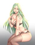  1girl absurdres black_bra bra breasts cleavage cleru_(cleruuuuu) closed_mouth fire_emblem fire_emblem:_three_houses green_eyes green_hair highres long_hair pointy_ears rhea_(fire_emblem) simple_background smile solo thighhighs underwear 
