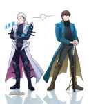  2boys artist_name bangs black_eyes black_footwear black_pants black_shirt black_vest blue_coat blue_eyes boots brown_footwear brown_hair card closed_mouth coat cosplay crossover devil_may_cry devil_may_cry_3 duel_disk full_body hair_between_eyes hair_slicked_back hands_on_hilt headset highres holding holding_card kaiba_seto kaiba_seto_(cosplay) katana knee_boots lightning_glare long_coat long_sleeves looking_at_another male_focus multiple_boys pants scabbard sheath sheathed shirt short_hair sideways_glance simple_background standing stelarpidgin sword trench_coat vergil vergil_(cosplay) vest weapon white_background white_coat white_hair yamato_(sword) yu-gi-oh! yu-gi-oh!_duel_monsters yu-gi-oh!_the_dark_side_of_dimensions 