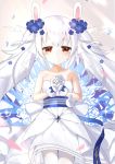  1girl absurdres animal_ears artist_request azur_lane bangs bare_shoulders blush bunny_ears collarbone dress fake_animal_ears flower gloves hair_flower hair_ornament hairband hands_together highres laffey_(azur_lane) long_hair looking_at_viewer pantyhose red_eyes smile solo strapless strapless_dress tears twintails waist_bow wedding_dress white_dress white_gloves white_hair white_legwear 