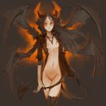  1:1 black_hair breasts clothed clothing demon demon_humanoid female genitals hair horn humanoid humanoid_pointy_ears jacket jewelry leather leather_jacket legwear long_hair looking_at_viewer membrane_(anatomy) membranous_wings navel necklace nipples not_furry open_clothing open_jacket open_topwear orange_eyes panties panty_pull partially_clothed pussy small_breasts small_waist solo spade spade_tail standing syvaron thigh_highs topwear underwear wings 