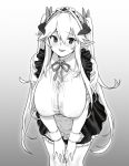  1girl bangs blush breasts elf gradient gradient_background greyscale highres houtengeki huge_breasts leaning_forward long_hair long_sleeves looking_at_viewer monochrome open_mouth original pointy_ears sidelocks skirt smile thighs twintails very_long_hair 