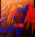 absurd_res anthro armpit_hair belly blue_body bodily_fluids body_hair boxers_(clothing) bulge christopher_wyvern clothing cum cum_through_clothing cum_through_underwear demon demonic dragon feathered_wings feathers genital_fluids hair halloween hand_behind_head hand_in_underwear hi_res holidays horn male muscular muscular_anthro muscular_male nipple_piercing nipples piercing precum pubes red_belly red_body red_eyes red_feathers red_hair ronzuko scalie smile smirk solo tail_maw tail_mouth teeth text text_on_clothing underwear wet wet_clothing wet_underwear wings 