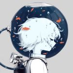 1boy air_bubble avogado6 bubble closed_eyes fish fishbowl_helmet floating_hair from_side goldfish grey_background male_focus original oxygen_tank profile shirt simple_background solo upper_body white_shirt 
