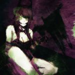  1girl absurdres bangs black_hair breasts cleavage demon_girl demon_wings green_eyes highres horns long_hair original playboy_bunny portrait purple_background rib.ajikan self_upload simple_background smile solo succubus wings 