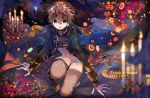  1girl :o blue_coat blurry blurry_foreground boots brown_hair brown_pants candle coat cyawa dated depth_of_field flower gloves green_eyes hair_between_eyes halloween highres leaf long_sleeves looking_at_viewer maple_leaf one_knee open_clothes open_coat original overalls pants red_flower solo trick_or_treat white_gloves 