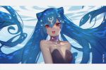  bao_(vtuber) bare_shoulders black_dress blue_hair dress dyarikku glowing highres indie_virtual_youtuber long_hair looking_at_viewer off_shoulder open_mouth red_eyes underwater 