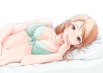  1girl absurdres bare_shoulders bra breasts brown_hair cleavage collarbone commentary_request cyde green_bra hair_down highres houjou_karen idolmaster idolmaster_cinderella_girls long_hair looking_at_viewer lying medium_breasts navel on_bed on_side pillow solo underwear underwear_only white_background yellow_eyes 