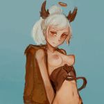  1:1 backpack breasts demon demon_humanoid female hair halo horn humanoid looking_at_viewer medium_breasts mostly_nude navel nipples not_furry ponytail red_eyes seductive smile solo spade_tail standing syvaron white_hair 