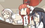  =_= akatsuki_(kantai_collection) alternate_costume anchor_symbol bandana bangs black_headwear blunt_bangs braid chopsticks commentary_request counter dated de_ruyter_(kantai_collection) eating flat_cap food green_eyes grey_hair hamu_koutarou hat highres kantai_collection long_hair noodles pola_(kantai_collection) ramen red_hair remodel_(kantai_collection) side_braid soap_bubbles sweater translation_request upper_body wavy_hair white_sweater windmill 