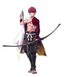  1boy abs applechoc arrow_(projectile) bow commentary_request emiya_shirou fate/grand_order fate_(series) full_body highres igote limited/zero_over looking_at_viewer male_focus red_hair sandals sengo_muramasa_(fate) shirtless short_hair simple_background solo white_background yellow_eyes 