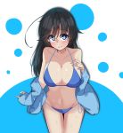  1girl absurdres ahoge antyobi0720 bangs bikini black_hair blue_background blue_bikini blue_eyes blue_shirt breasts cleavage closed_mouth eyebrows_visible_through_hair girls_und_panzer hand_on_own_chest highres isuzu_hana large_breasts long_hair long_sleeves looking_at_viewer navel no_pants off_shoulder open_clothes open_shirt polka_dot polka_dot_background shirt side-tie_bikini sitting smile solo string_bikini sweat swimsuit 