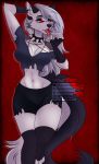  anthro canid canid_demon canine canis clothing collar demon eyebrow_piercing facial_piercing female hellhound helluva_boss hi_res loona_(vivzmind) mammal monster piercing red_eyes solo spiked_collar spikes thatsaltybobcat white_body white_eyes wolf 