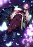  1girl absurdres arm_up black_legwear blurry_foreground bug butterfly butterfly_hair_ornament butterfly_on_hand cherry_blossoms from_above hair_intakes hair_ornament haori highres huge_filesize insect jacket japanese_clothes kimetsu_no_yaiba kochou_shinobu kuroko_(uver-world1009) long_sleeves lying no_pupils on_back pants purple_eyes purple_hair purple_jacket purple_pants sheath short_hair solo tabi water_surface 