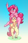  anthro blue_eyes clumsy cute_expression equid equine female female/female fluttershy_(mlp) friendship_is_magic gesture hair hasbro hi_res horse mammal middle_finger my_little_pony pink_body pink_hair pinkie_pie_(mlp) pony sitting_on_shoulders slightly_chubby snus-kun yellow_body 