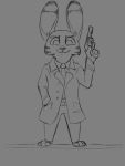  2020 3:4 anthro clothed clothing disney ear_markings facial_markings fully_clothed fur grey_background gun head_markings holding_gun holding_object holding_weapon jack_savage lagomorph leporid male mammal markings monochrome rabbit ranged_weapon simple_background smile solo standing tggeko weapon zootopia 