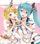  2girls :d aqua_eyes aqua_hair arm_up black_bow blonde_hair bow buttons checkered checkered_bow checkered_vest collar commentary cowboy_shot dress earrings frilled_dress frills green_eyes hair_bow hair_ornament hairclip hatsune_miku heart heart_hands jewelry kagamine_rin long_hair multiple_girls open_mouth pink_background project_sekai short_hair short_sleeves sidelocks simple_background smile twintails two-tone_background utaori vest vocaloid white_background white_bow white_dress 