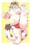  2020 anthro asian_clothing belly blue_eyes blush clothing east_asian_clothing felid fundoshi fur hi_res humanoid_hands japanese_clothing kemono licho_(tas) male mammal moobs navel nipples overweight overweight_anthro overweight_male pantherine ptcmtr solo tiger tokyo_afterschool_summoners underwear video_games white_body white_fur 