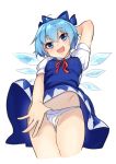  1girl blue_eyes breasts cameltoe cirno covered_nipples dress groin highres ice ice_wings light_blue_hair medium_breasts minatasiro open_mouth panties panty_pull puffy_short_sleeves puffy_sleeves short_hair short_sleeves smile solo touhou underwear wings 