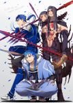  3boys abs absurdres angry armor beads biceps blue_hair bodypaint bodysuit bracelet capelet chibi closed_mouth confetti cu_chulainn_(fate)_(all) cu_chulainn_(fate/grand_order) cu_chulainn_alter_(fate/grand_order) dark_blue_hair dark_persona dated earrings elbow_gloves english_text fate/grand_order fate/stay_night fate_(series) from_side frown full_body fur fur-trimmed_hood fur_trim gae_bolg gloves hair_beads hair_ornament happy_birthday harem_pants highres holding holding_weapon hood hood_down hooded_capelet jewelry long_hair male_focus mini_cu-chan monster_boy multiple_boys multiple_persona muscle pants pauldrons polearm ponytail red_eyes sandals shirtless shoulder_armor skin_tight smile spear spiked_hair spikes squatting staff tail type-moon weapon wooden_staff yuu_(guruko) 