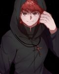  1boy absurdres black_background brown_eyes commentary_request creat cross cross_earrings cross_necklace earrings emiya_shirou fate/stay_night fate_(series) highres hood hood_up jewelry kotomine_shirou_(fanfic) looking_at_viewer necklace red_hair simple_background smile what_if zipper 