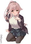  1girl breasts coat cowboy_shot ebifurya hair_flaps highres kantai_collection long_hair pink_hair ponytail sweater twitter_username very_long_hair white_background white_sweater yellow_eyes yura_(kantai_collection) 