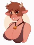  2020 anthro bovid bovine breasts bust_portrait cattle clothing cowbell digital_media_(artwork) disney eyelashes female hi_res home_on_the_range horn looking_at_viewer luryry maggie_(disney) mammal portrait smile solo 