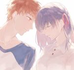  1boy 1girl closed_eyes dress emiya_shirou fate/stay_night fate_(series) hair_ribbon head_to_head heaven&#039;s_feel highres k83_4 looking_at_another matou_sakura orange_hair purple_hair raglan_sleeves ribbon simple_background smile white_background white_dress 