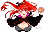  1girl :o bangs black_capelet breasts capelet cleavage fangs food_themed_hair_ornament gao hair_ornament halloween hat komugi_(mugiwaraclub) large_breasts open_mouth persona persona_5 persona_5_the_royal ponytail pumpkin_hair_ornament red_eyes red_hair ribbon-shaped_earrings signature solo speech_bubble transparent_background twitter_username upper_body witch_hat yoshizawa_kasumi 