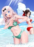  2girls :d absurdres ass bangs bare_arms bare_shoulders bikini black_bow blue_eyes blue_sky blunt_bangs blush bow breast_envy breasts cloud collarbone commentary_request cowboy_shot day frilled_bikini frills fujiwara_chika gibun_(sozoshu) green_bikini hair_bow hair_ribbon halterneck heart heart_hands highres kaguya-sama_wa_kokurasetai_~tensai-tachi_no_renai_zunousen~ long_hair looking_at_viewer looking_back medium_breasts multiple_girls navel ocean open_mouth outdoors pink_hair red_bikini red_eyes red_ribbon ribbon shinomiya_kaguya short_hair sky smile standing stomach swimsuit wading water 