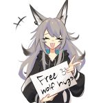  1girl ^_^ absurdres animal_ears closed_eyes english_text fang free_hugs ghost_(tama) highres long_hair open_mouth original smile solo v white_background wolf_ears wolf_girl 
