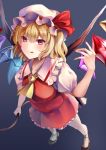  1girl :p ascot asymmetrical_legwear bangs black_footwear blonde_hair blush bow breasts collarbone commentary_request crystal eyebrows_visible_through_hair fingernails flandre_scarlet from_above gradient gradient_background grey_background hair_between_eyes hat hat_bow highres holding holding_weapon koizumo laevatein looking_at_viewer medium_breasts mob_cap one_side_up puffy_short_sleeves puffy_sleeves red_bow red_eyes red_nails red_skirt red_vest sharp_fingernails short_hair short_sleeves single_thighhigh skirt solo standing thighhighs tongue tongue_out touhou vest weapon white_headwear white_legwear wings yellow_neckwear 