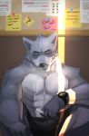  abs absurd_res anthro biceps bottomwear canid canine canis cigarette cilok clothed clothing digital_media_(artwork) eyes_closed fur hi_res male mammal muscular muscular_anthro muscular_male pecs simple_background smoking solo topless wolf 