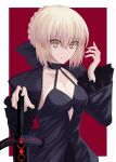  1girl artoria_pendragon_(all) bangs black_bow black_choker border bow braid braided_bun breasts choker cleavage clenched_teeth collarbone excalibur_morgan eyebrows_visible_through_hair fate/stay_night fate_(series) hair_between_eyes hair_bow hand_on_hilt highres long_sleeves looking_at_viewer medium_breasts outside_border red_background saber_alter short_hair shrug_(clothing) silver_hair solo souyoru teeth upper_body white_border yellow_eyes 