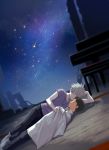  2boys arm_support brown_hair building choker collared_shirt evangelion:_3.0_you_can_(not)_redo holding holding_clothes holding_shirt ikari_shinji kannunu milky_way multiple_boys nagisa_kaworu neon_genesis_evangelion night night_sky on_ground outdoors pale_skin purple_shirt rebuild_of_evangelion ruins scenery shirt shirt_removed shoes shooting_star short_sleeves silver_hair sky sleeping sneakers star_(sky) starry_sky symbol_commentary undershirt yaoi 